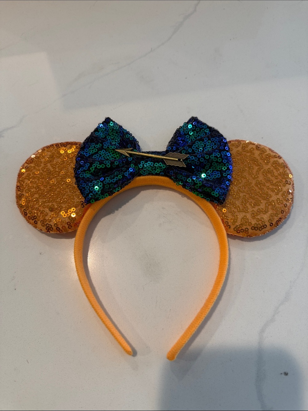 Sequin Mickey-Style Kids Headband with Green-Blue Bow and Gold Ears - Merida